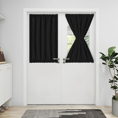 Easy-Going Blackout Door Curtains, Rod Pocket Privacy Light Filtering Sidelight Curtains for French Doors, 1 Panel, 25x40 inch, Black