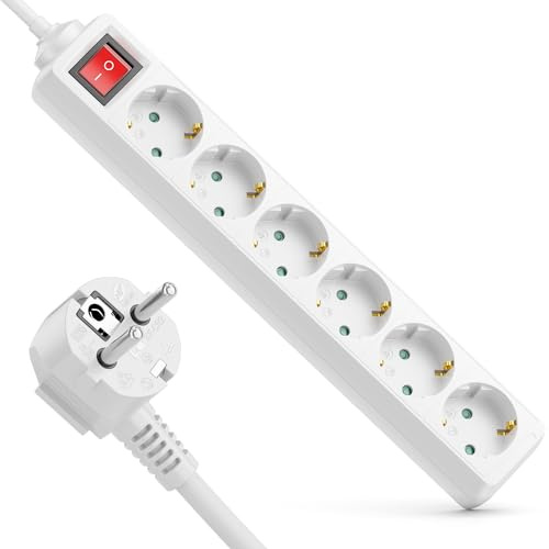 deleyCON 6-Vägs Grenuttag med AV/PÅ-Knapp, Fleruttag Strömlist för Inomhusbruk, 3,0m Kabel, Skyddskontakt-Stickpropp, Robust Plastkapsling, Vit
