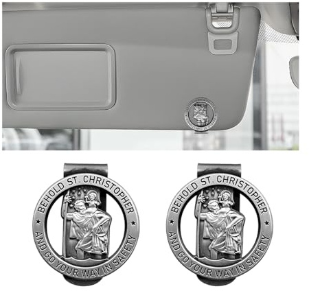 CGEAMDY 2 Piezas Medalla De San Cristóbal para Coche, Medalla De San Cristóbal para Coche Accesorios De Visera Automotriz, Medalla Redonda San Cristóbal Insignia Coche Parasol Clip(Plata)