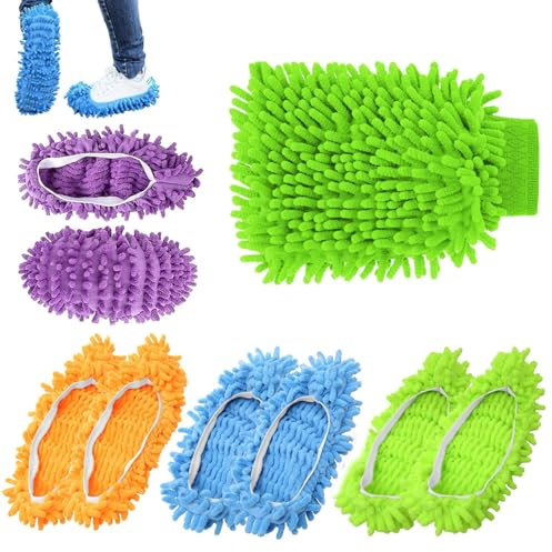 PIMXL 4 Paires Chausson Microfibre et 1 Paires Gants en Chenille, Chaussons Serpillères Réutilisables pour Le Nettoyage des Sols, pour Balayage Maison, Bureau, Salle de Bain, Cuisine (4 Couleurs)