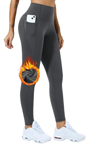 Enjoyoga Legging thermique pour femme avec poches [pour l'hiver] – Pantalon de sport taille haute Pantalon de course Pantalon de yoga Convient pour le sport et la vie quotidienne, gris, M