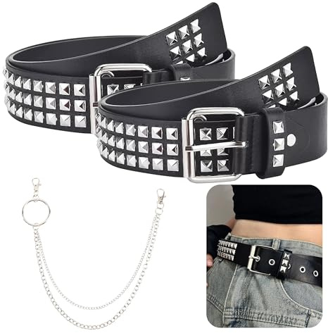 Lbxtswpl Ceinture à rivets cloutés punk et gothique, 2 pièces en cuir PU, clous pyramidaux pour jeans Rockwear – 110 x 3,8 cm noir