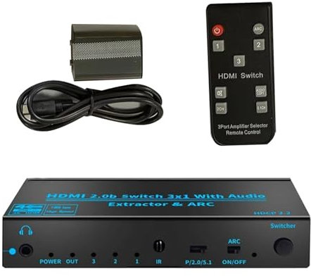 3-i-1-ut HDMI-omkopplare med 24-bitars DAC-chip stöder 4K HDR-videoskärm DC 5 V 1 A ljudextraktor och ARC