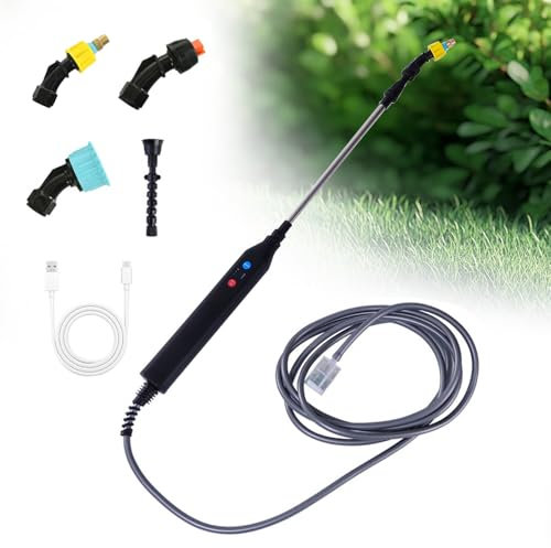 SKIKHN Akku Drucksprüher, Elektrischer Pflanzensprüher, Elektrischer Gießstab mit 4 Düsen & 5M Schlauch, Wiederaufladbarem Teleskopstab mit 3 Gang Einstellung, für Gärten Hof Reinigung