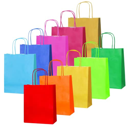 Thepaperbagstore 10 Arc-en-ciel Sacs-cadeaux en papier avec poignées - 18 x 22 x 8 cm - Sacs-cadeaux colorés pour fêtes d'enfants et d'adultes, anniversaires, mariages, baby showers, enterrements