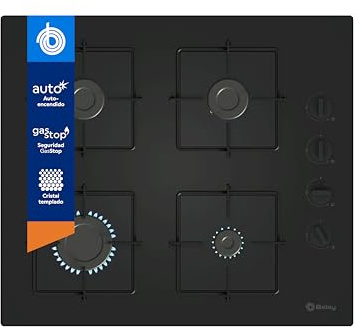Balay - Placa de Gas, 60 cm de ancho, 4 Zonas de Cocción, Control de llama, Autoencendido, GasStop, negro, 3ETG464SB