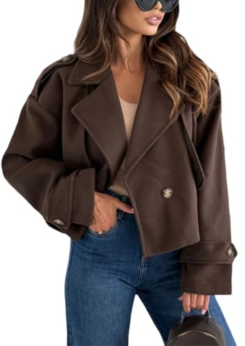 shownicer Manteau Femme Chic et Élégant Court Revers Vestes Automne Hiver Manches Longues Couleur Unie Jacket Coat A Marron Foncé L