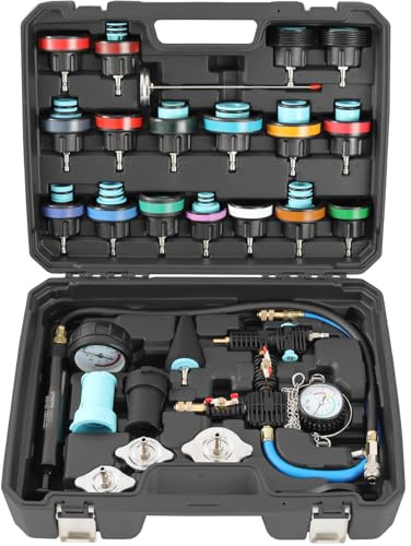 TECPO Kühlsystem Prüfgerät, Vakuum-Abdruck-Set, für PKW & leichte LKW, mit Pumpe, Manometer & Kühleradaptern, Druckprüfung 0-2,5 bar & Dichtheitskontrolle mit Vakuum-Wartungsset für Kühlmittel