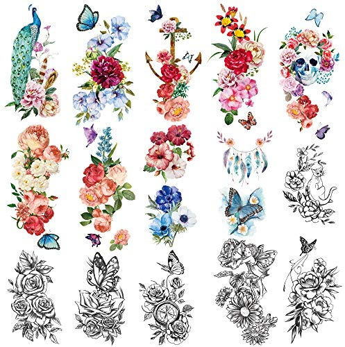 Yazhiji 15 sheets large Sexy waterproof Temporary Tattoos for Men Women Flowers Collection (19X9 CM)…
