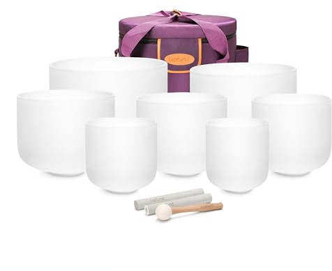 TOPFUND 6-12 inch Chakra Set of 7 Crystal Singing Bowls with Heavy Duty Carrying Cases and Singing Bowl Mallets