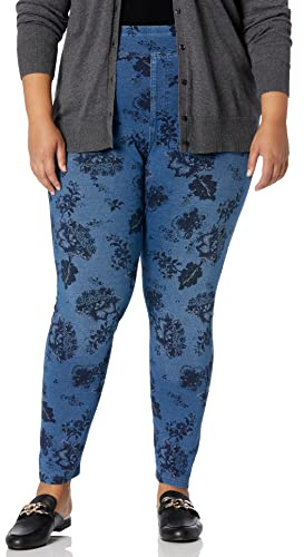 HUE Super Soft Stretch High Rise Straight Leg Denim Leggings, Jeggings with No Side Seams Calcetines, Lavado clásico Ligero – Floral, Medium para Mujer