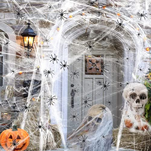 Huahuanghui Toile d'Araignée Halloween Décoration Toile d'Araignée Extensible, 200g Toile Araignée Extensibles Coton et 30 Fausses Araignées, pour Halloween Horror Décoration Prop