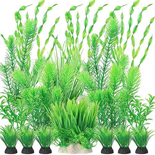 BEGONDIS 18Pcs Artificial Aquarium All Green Plants Set, Artificial Plastic Plants Fake Aquatic Plants Artificial Fish Tank Plants for Aquarium Decorations