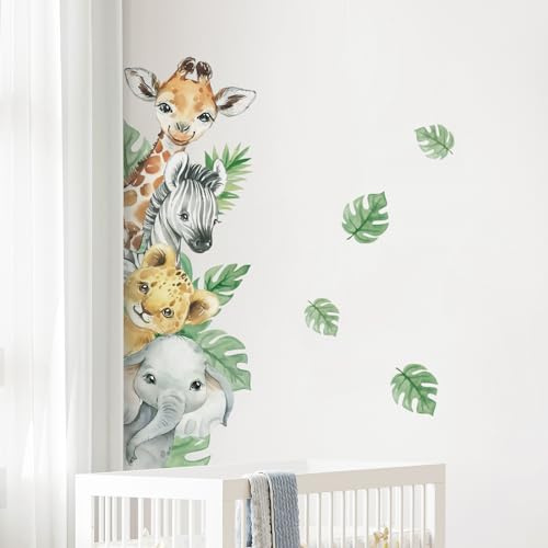 Tanlaby Stickers Muraux Animaux de la Jungle Autocollants Muraux Animal de Dessin Animé Sticker Mural Girafe Zèbre Feuilles Vertes pour Chambre de Bébé Pépinière D'enfant Décoration Murale