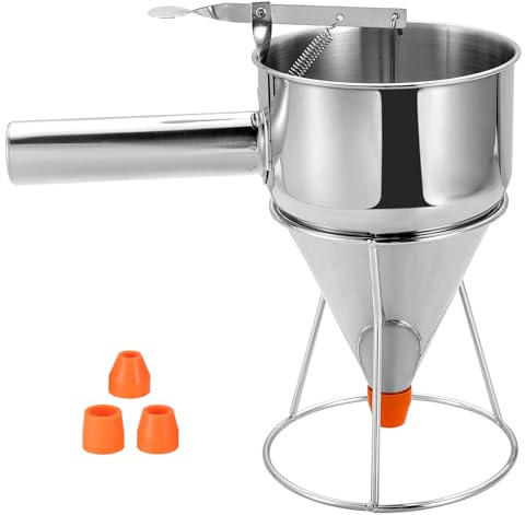 MYFULLY Pancake Batter Dispenser Funnels with Stand | Stainless Steel Funnel Cake Dispenser with Stand Great for Cupcakes, Takoyaki or Any Baked Goods (1200 ML/40 OZ/5 Cups,with 4Pcs Nozzles)