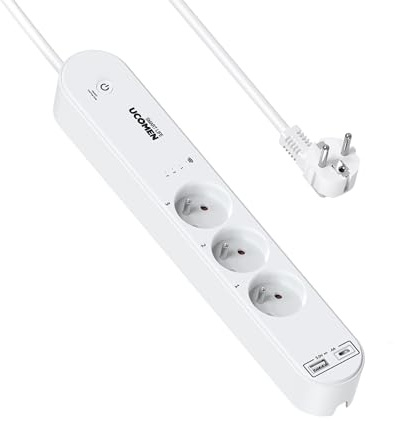 Ucomen Smart multikontakt, 16A wifi-uttag med 4 uttag och USB A+C, kompatibel med Alexa, Google Home, Smart Life App, timerfunktion, strömbrytare, 1,5 m, 3680W, vit