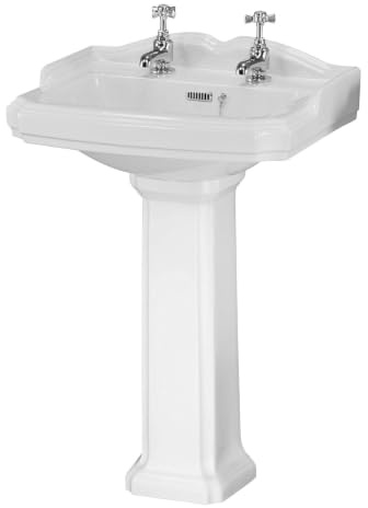 Balterley 590mm Traditional mm Bathroom Sink, Full Pedestal Ceramic Bathroom Wash Basin Sink with Overflow, 2 Tap Hole, Floor Standing Basin Sinks for Cloakroom - 590 x 470 x 915mm (White)