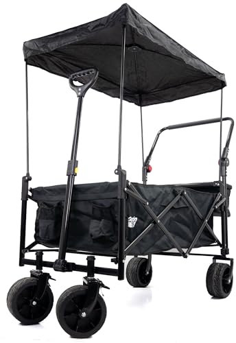 GardenTek Folding Trolley Cart on Wheels, Festival Wagon for Camping Garden Beach Shopping Outdoor with Brakes, Canopy and Side Box 90kg Load 120L Capacity