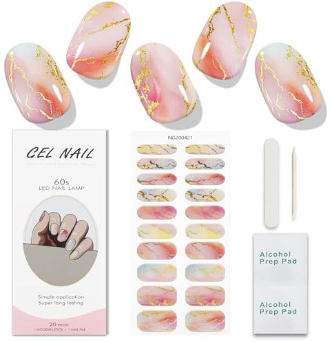 JMEOWIO Gel Nail Stickers Colorful Marble Semi Cured Gel Nail Strips Wraps UV/LED Nails Art Design Decoration Accessories
