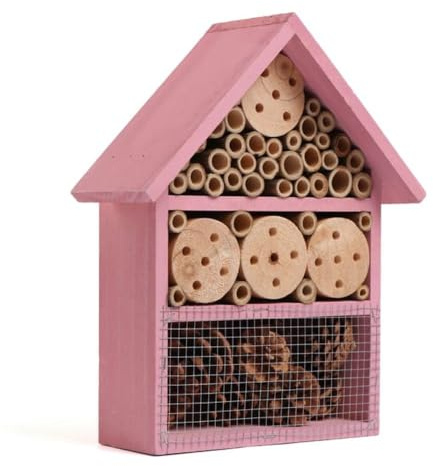 rightclick Wooden Bee Butterfly & Insect Hotel, Wildlife Bee Insect Hotel House Garden Nest Shelter Box, Hanging House for Pollinator Bees, Ladybugs, Carpenter Bee (H30xW25xD10cm) (Pink, Small)