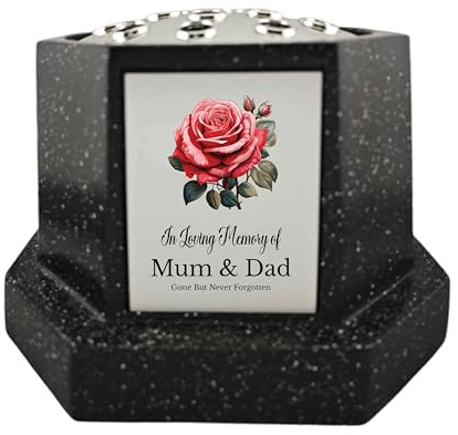 In Loving Memory Of Memorial Octagon Rose Bowl Grave Marker Flower Pot Vase With Rose Design Mum Dad & Lots More Black/Silver (UV PRINTED) (Mum & Dad)