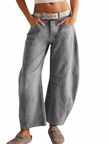 Pantalones de Mezclilla elásticos de Tiro Medio para Mujer, Vintage, Holgados, de Pierna Ancha, recortados, Estilo Y2K, Holgados, Estilo Boyfriend, Gris, X-Small
