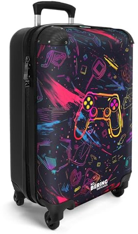 NoBoringSuitcases.com® Handgepäck Koffer Kinder 55x35x20 cm Kinderreisekoffer Kinderkoffer mit Roller Leicht Cabin Trolly Hartschalenkoffer Kind Gaming - Graffiti - Neon - Farbenfroh