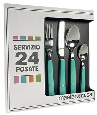Akinda Home - Set 24 posate fusion color acquamarina in acciaio inox - posate acciaio - set posate 24 - posate manico blu - posate lavabili - servizio posate