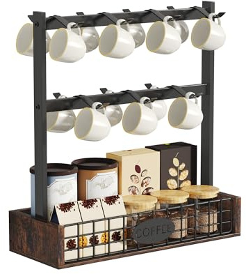 YITAHOME Porte-tasses de comptoir avec 7 crochets et base de rangement, support de tasse en métal avec étagère de garde-corps, organiseur de tasses noir pour cuisine, salle à manger et café bar