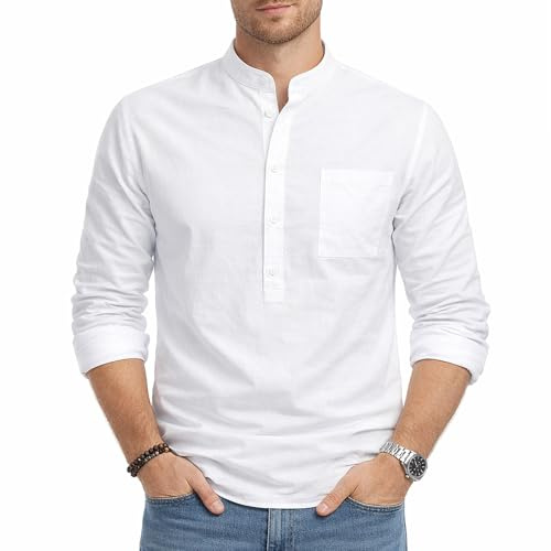viiotu Henley Shirts for Men Long Sleeve Linen Shirts Summer Collarless Grandad Shirt for Travel Office Beatch Daily Wear (UK, Alpha, M, Regular, Regular, White)