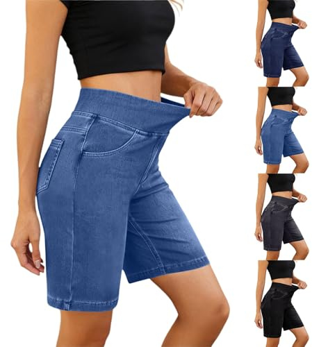 Jeans shorts dam denim – korta byxor bomull stretch jeansshorts midja enfärgade hotpants sommar bekväma fritidsshorts raka ben jeans med fickor sportbyxor, Ljusblå, S
