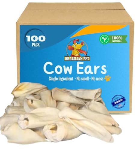 Brazilian Pet 100% Natural - Over 5 inches- Real Cow Ears Prime Dog Chews, Free Range Grass Fed Cattle (100 Count)
