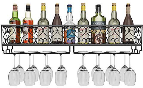 AcornFort® W-612 Metallo Nero Wall Appendiabiti da parete per vino Champagne calici in vetro Supporto portacali, 80 x 20 cm Contenere fino a 18 bottiglie di vino e 18 tazze di bicchieri