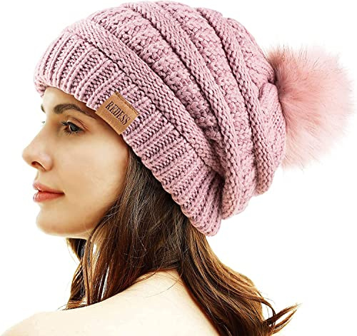 REDESS Gorro de Invierno con pompón para Mujer, cálido Forro Polar, Grueso, Holgado, Tejido de Nieve, Grueso, Holgado, Gorra de esquí con Calavera