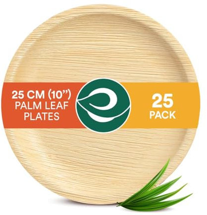 ECO SOUL 25 Palm Leaf Plates 10”(25cm) Round Large Bamboo Plate I Eco Friendly, Biodegradable, Compostable Heavy-Duty Plate, Disposable Plates for Christmas Dinner, Party & Events