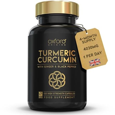 Advanced Turmeric and Black Pepper Capsules 4030mg Made in the UK | ONE per Day Turmeric Supplement with Ginger & Black Pepper | 120 High Strength Tumeric Curcumin Capsules for Joints | 4 Month Supply