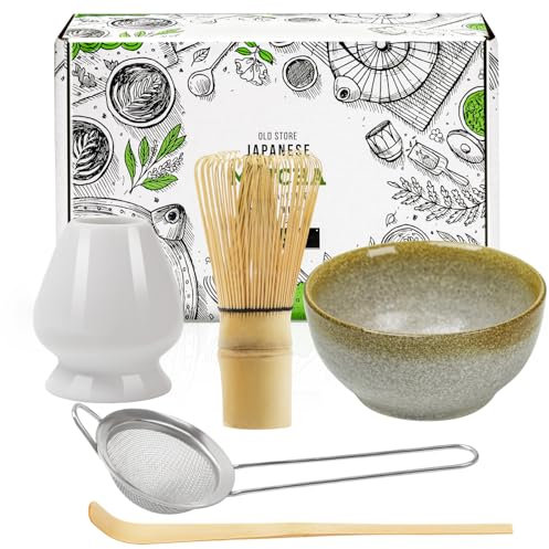 Juego de té matcha japonés de 5, juego de batidor Matcha con batidor de 100 puntas, soporte para batidor, cuchara tradicional, tamiz de té y cuenco de cerámica Matcha