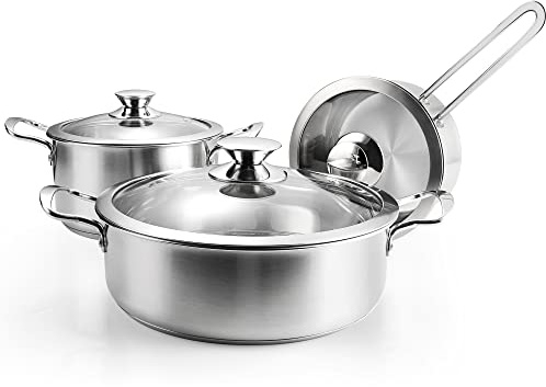 ASKSCICI 6-Piece Stainless Steel Cookware Set, Induction Pots and Pans Set with Glass Lids, Non-Toxic Kitchen Set for Gas/Electric/Induction, Oven & Dishwasher Safe