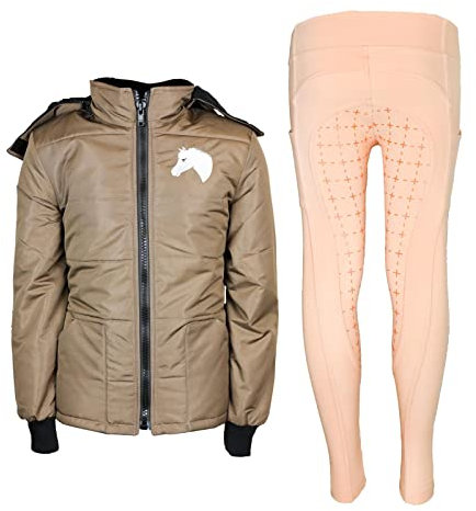 MS-Trachten Reitset Winter Kinder Reitjacke Mia Braun gesteppt mit Reitleggings Apricot (134/140)