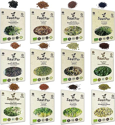 SaatPur Frön ekologiska groddar sortiment set om 12, hög grobarhet, mikrogrönt för vitaminrik, vegansk kost, grobarhet frön groddar frön mikrobiologiskt testade, gräspappersförpackning