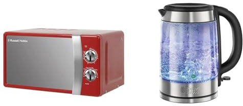 Russell Hobbs RHMM701R 17 Litre 700 W Red Solo Manual Microwave with 5 Power Levels, Ringer & Timer & Illuminating 1.7L Electric Cordless Glass Kettle with black/brushed stainless steel accents