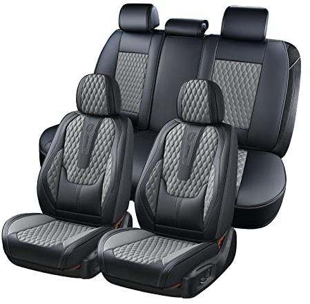 Coverado Autositzbezüge, Premium Leder Sitzbezug Auto, Wasserdichtes Autositzschoner mit Lendenwirbelstütze Vorne und Hinten 5 Stück, Universelle Fit für die meisten Limousinen SUV Pick-up B-8859