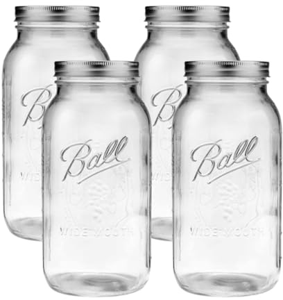 Ball Wide Mouth Glass Mason Jars with Lids and Bands, Used for Canning, Pickling, Juice, Jam, Jelly, Half Gallon Size 64 Ounce (Pack of 4)