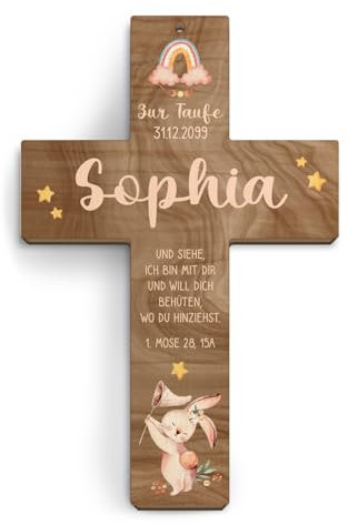 Kartenmachen.de Taufkreuz personalisiert aus Holz Taufgeschenk Mädchen Junge 13x20cm - Häschen - Walnussholz Look