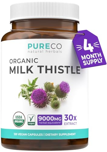 PURE CO USDA Organic Milk Thistle Capsules - 80% Silymarin Supplement for Liver Support- Super Concentrated 300mg of 30:1 Milk Thistle Extract - Milk Thistle Liver Detox 120 Day Supply