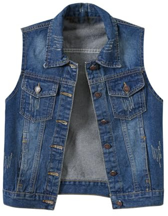 Jeansweste Damen Oversize, Jeansjacke Damen Kurz, Biker Weste Jeans Arbeitsweste Einfarbig Bikerweste Mit Knöpfen Motorradweste Revers Jeansjackenweste Slim Fit Anglerweste Casual Jeansmantel