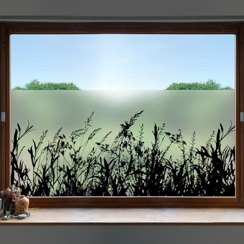 dktie Window Film Privacy Vinyl Frosted Window Film No-Glue Black Window Film Removable Grass Static Cling Films for Kitchen, Bathroom, Kids Room 90X200CM