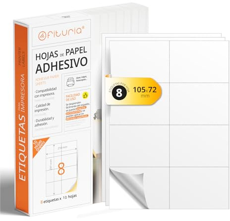 Fogli A4 di Etichette Adesive Bianche, Crea i tuoi Adesivi Personalizzati per qualsiasi Superficie, Carta A4 Adesiva Sicura, Etichetta Adesiva per Stampare - Ofituria (8 per foglio, 10 fogli)