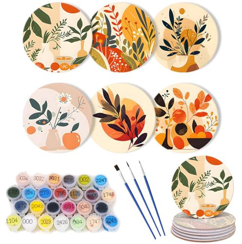 6-teiliges Malen-nach-Zahlen-Untersetzer-Set mit Halter, DIY Malen nach Zahlen, Untersetzer für Erwachsene und Anfänger, Untersetzer mit Pinseln, Acrylfarbe, Malen nach Zahlen, Bastelbedarf, 10