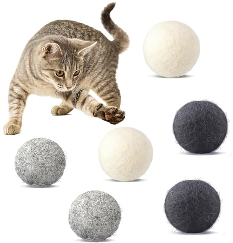 shallyong 6 Pezzi Palline di Feltro per Gatti, Palla Giocattolo Gatti Fatta a Mano in 100% Pura Lana, Palline da Gioco Sostenibili con Borsa per Il Trasporto